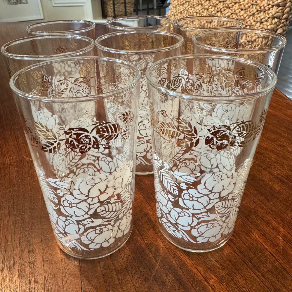 Vintage Hazel Atlas gold leaf and white floral tumblers - set of 8